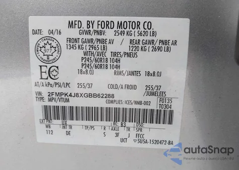 2016 Ford Edge Sel from USA, damaged, VIN 2FMPK4J8XGBB62288